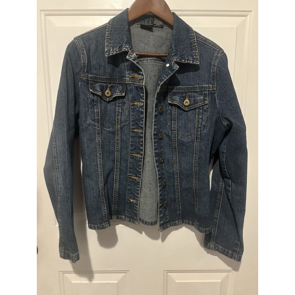 Willi Smith Denim Studded Jean Jacket Small Trucker Embroidered Gold Blue - Picture 2 of 15